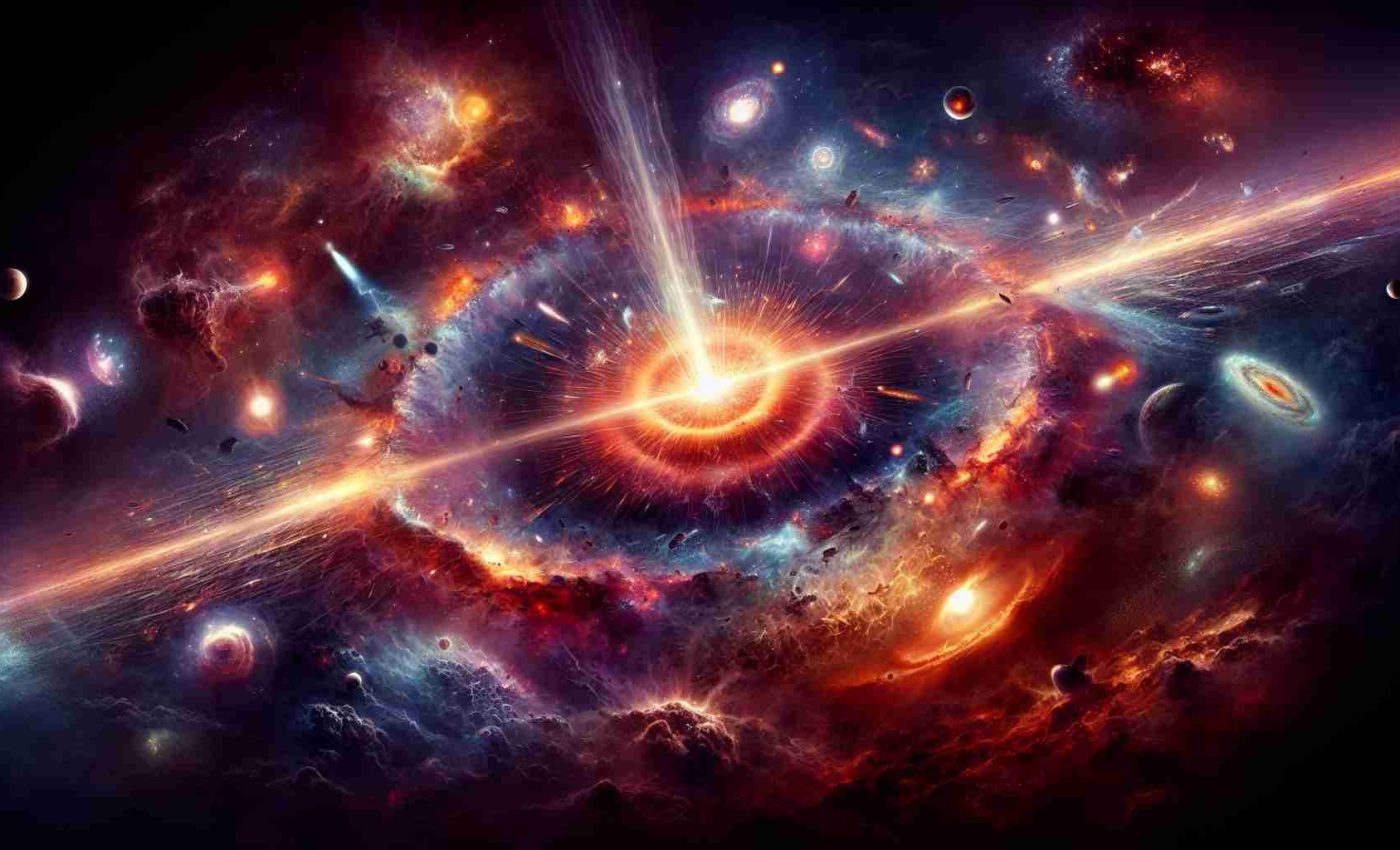 Create a HD realistic representation of the birth of our universe, depicting a scene filled with explosive energy characteristic of the Big Bang theory. Display the interplay between light and darkness as the universe forms from a singularity. Highlight the birth of stars and galaxies, accompanying cosmic dust, radiation, intense heat, and the expanding space. As there is no direct observational evidence, use scientific speculation and interpretation to bring to visual life the unseen, unfathomable moment that sparked our known reality.