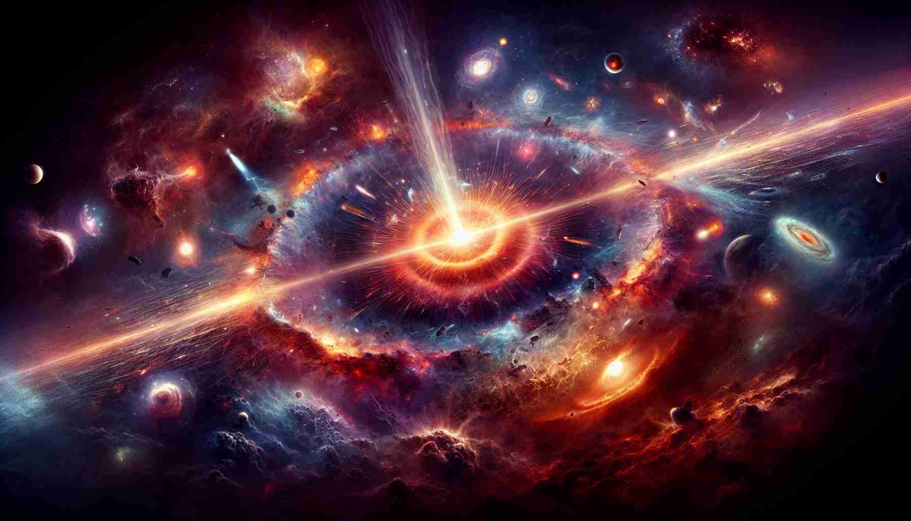 Create a HD realistic representation of the birth of our universe, depicting a scene filled with explosive energy characteristic of the Big Bang theory. Display the interplay between light and darkness as the universe forms from a singularity. Highlight the birth of stars and galaxies, accompanying cosmic dust, radiation, intense heat, and the expanding space. As there is no direct observational evidence, use scientific speculation and interpretation to bring to visual life the unseen, unfathomable moment that sparked our known reality.