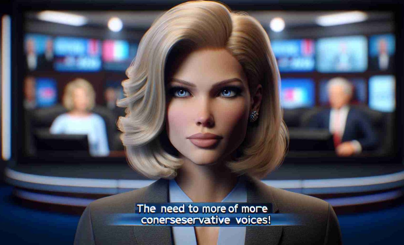 A hyperrealistic HD image of a female television show host expressing dissatisfaction with a popular talk show for the lack of conservative perspectives. She should be Caucasian, with her blonde hair styled professionally, wearing a formal dress. The disdain in her eyes and a displeased expression on her face should be highlighted. Use of indirect captions such as 'The need for more conservative voices!' to emphasize her point is encouraged. TV studio background adds more context to the scene.