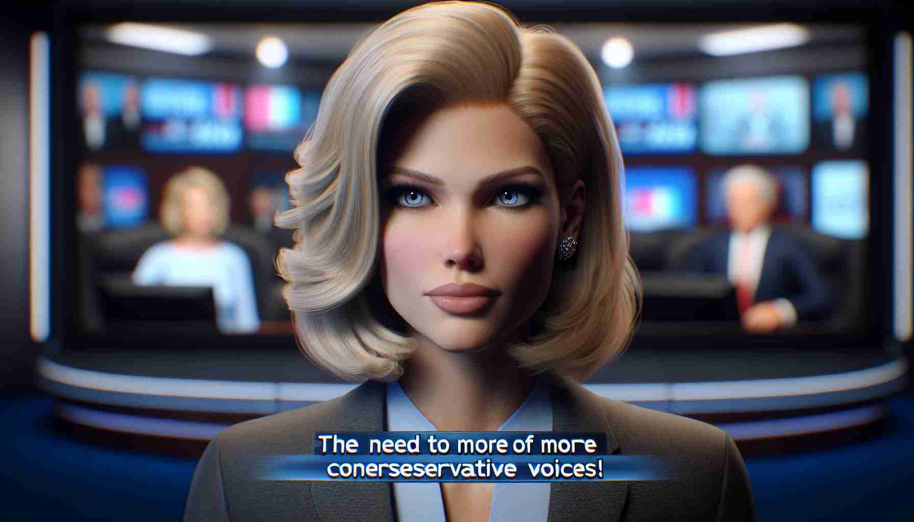 A hyperrealistic HD image of a female television show host expressing dissatisfaction with a popular talk show for the lack of conservative perspectives. She should be Caucasian, with her blonde hair styled professionally, wearing a formal dress. The disdain in her eyes and a displeased expression on her face should be highlighted. Use of indirect captions such as 'The need for more conservative voices!' to emphasize her point is encouraged. TV studio background adds more context to the scene.