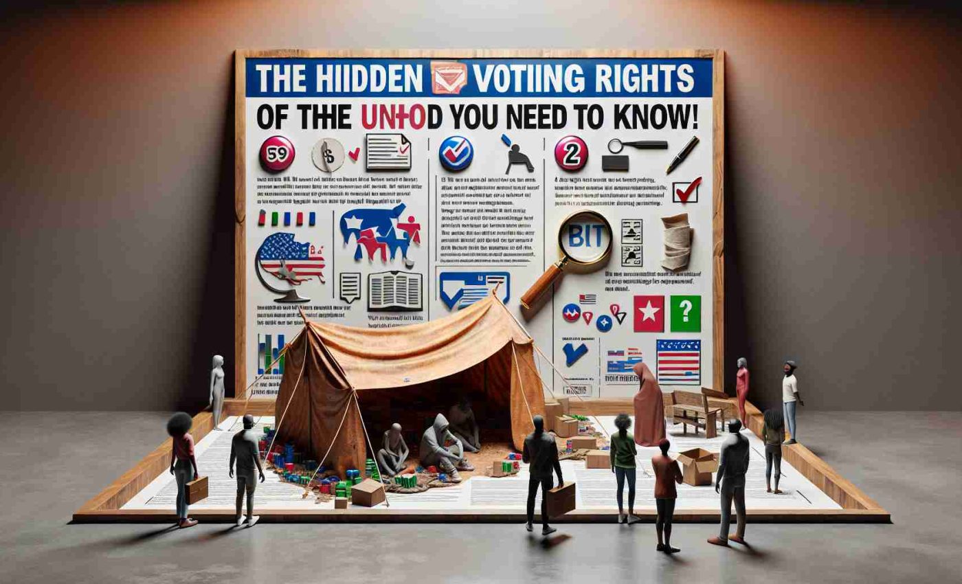 A high-definition photo realistically depicting an informative scene about the hidden voting rights of unhoused individuals. In the image, we see an array of symbols and infographics, including an unoccupied makeshift tent symbolizing homelessness, a ballot box representing voting, and a magnifying glass signifying hidden information. A few people from diverse descents and genders are interacting with these symbols, displaying engagement and curiosity. The image also contains visible text that reads, 'The Hidden Voting Rights of the Unhoused: What You Need to Know!'.