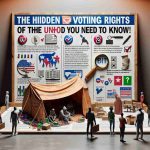 A high-definition photo realistically depicting an informative scene about the hidden voting rights of unhoused individuals. In the image, we see an array of symbols and infographics, including an unoccupied makeshift tent symbolizing homelessness, a ballot box representing voting, and a magnifying glass signifying hidden information. A few people from diverse descents and genders are interacting with these symbols, displaying engagement and curiosity. The image also contains visible text that reads, 'The Hidden Voting Rights of the Unhoused: What You Need to Know!'.