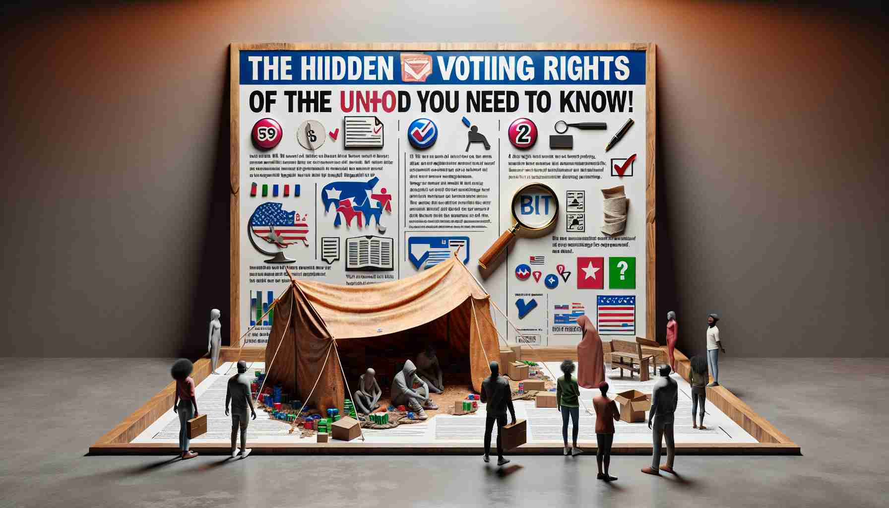 A high-definition photo realistically depicting an informative scene about the hidden voting rights of unhoused individuals. In the image, we see an array of symbols and infographics, including an unoccupied makeshift tent symbolizing homelessness, a ballot box representing voting, and a magnifying glass signifying hidden information. A few people from diverse descents and genders are interacting with these symbols, displaying engagement and curiosity. The image also contains visible text that reads, 'The Hidden Voting Rights of the Unhoused: What You Need to Know!'.