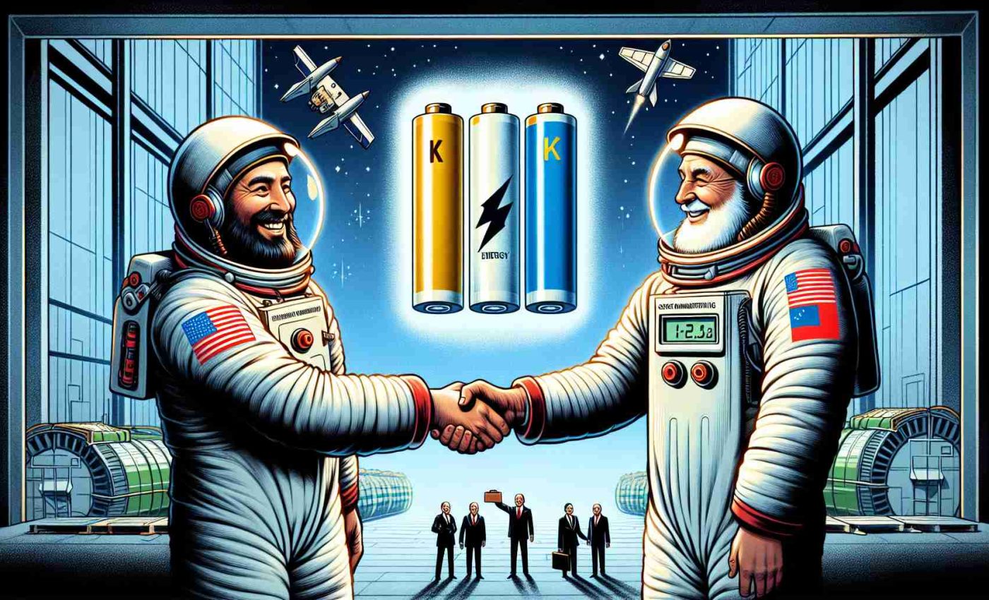 Illustration representing a historical moment, a spacecraft manufacturing company plainly represented, teams up with a fictional energy company named 'KG Energy.' They are working together to break revolutionary grounds in battery supplies. Portray a scene where representatives from both corporations are shaking hands with an electric battery icon illuminating in the background. The quality of the image should come off as high resolution, with an emphasis on realism.