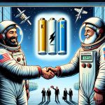 Illustration representing a historical moment, a spacecraft manufacturing company plainly represented, teams up with a fictional energy company named 'KG Energy.' They are working together to break revolutionary grounds in battery supplies. Portray a scene where representatives from both corporations are shaking hands with an electric battery icon illuminating in the background. The quality of the image should come off as high resolution, with an emphasis on realism.