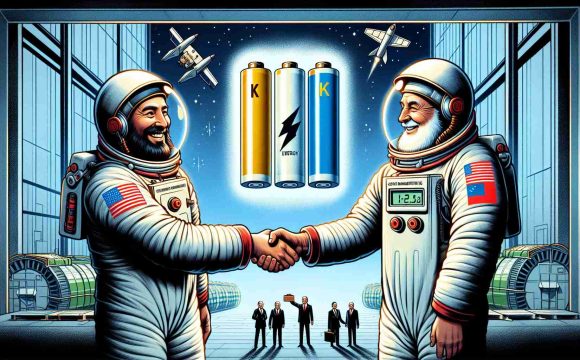 Illustration representing a historical moment, a spacecraft manufacturing company plainly represented, teams up with a fictional energy company named 'KG Energy.' They are working together to break revolutionary grounds in battery supplies. Portray a scene where representatives from both corporations are shaking hands with an electric battery icon illuminating in the background. The quality of the image should come off as high resolution, with an emphasis on realism.