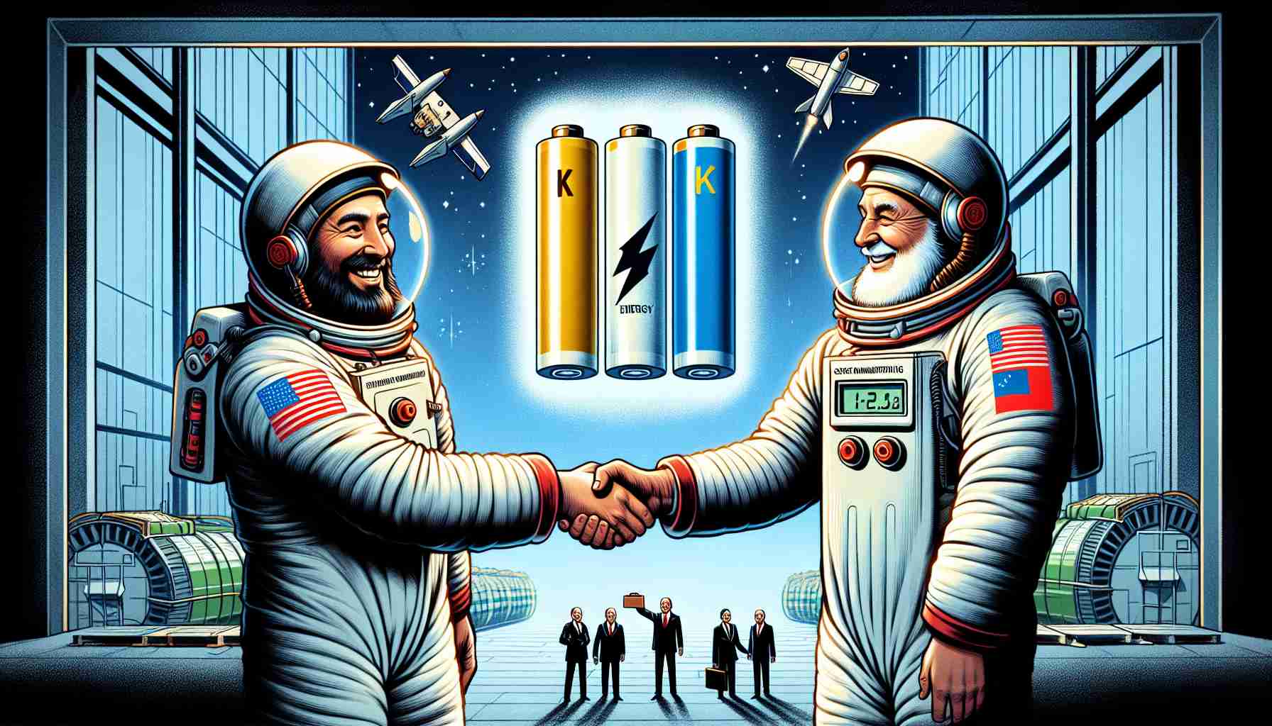 Illustration representing a historical moment, a spacecraft manufacturing company plainly represented, teams up with a fictional energy company named 'KG Energy.' They are working together to break revolutionary grounds in battery supplies. Portray a scene where representatives from both corporations are shaking hands with an electric battery icon illuminating in the background. The quality of the image should come off as high resolution, with an emphasis on realism.