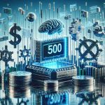 Realistic HD image of an abstract concept representing the revolution of the S&P 500 stock market index characterised by Artificial Intelligence and Blockchain technology shaping its future. It could include symbols that connote AI, such as algorithms and neural networks, and symbols for Blockchain, like chains, blocks, and digital codes. Please note that the reflections and texture of the objects should suggest they are part of an innovative, digital future.