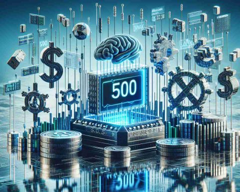 Realistic HD image of an abstract concept representing the revolution of the S&P 500 stock market index characterised by Artificial Intelligence and Blockchain technology shaping its future. It could include symbols that connote AI, such as algorithms and neural networks, and symbols for Blockchain, like chains, blocks, and digital codes. Please note that the reflections and texture of the objects should suggest they are part of an innovative, digital future.