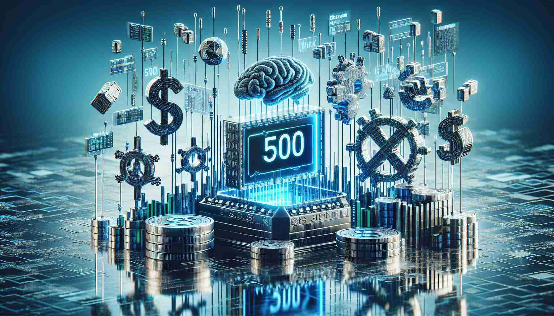 Realistic HD image of an abstract concept representing the revolution of the S&P 500 stock market index characterised by Artificial Intelligence and Blockchain technology shaping its future. It could include symbols that connote AI, such as algorithms and neural networks, and symbols for Blockchain, like chains, blocks, and digital codes. Please note that the reflections and texture of the objects should suggest they are part of an innovative, digital future.