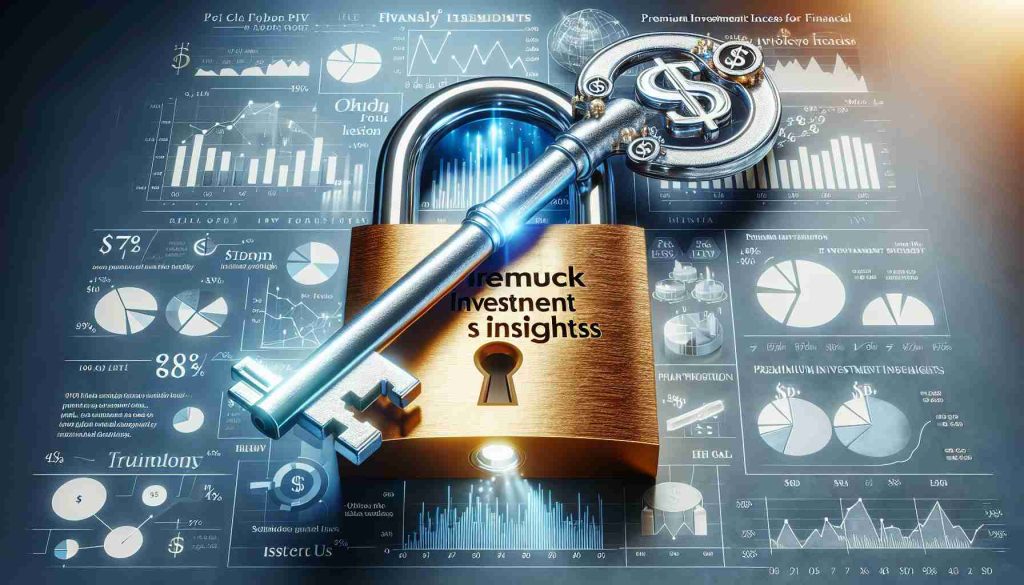 A high-definition, photorealistic image of 'Unlock Premium Investment Insights for Financial Success' theme. It portrays a silver key, with symbols representing financial success, such as dollar signs and graphs on its teeth, placed over a golden padlock inscribed with the words 'Premium Investment Insights'. The background could be a blend of blues and whites, symbolizing hope and clarity. In an orderly fashion, have financial charts, pie charts, and inspirational quotes about financial success scattered, signifying financial wisdom and insights.