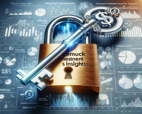 A high-definition, photorealistic image of 'Unlock Premium Investment Insights for Financial Success' theme. It portrays a silver key, with symbols representing financial success, such as dollar signs and graphs on its teeth, placed over a golden padlock inscribed with the words 'Premium Investment Insights'. The background could be a blend of blues and whites, symbolizing hope and clarity. In an orderly fashion, have financial charts, pie charts, and inspirational quotes about financial success scattered, signifying financial wisdom and insights.