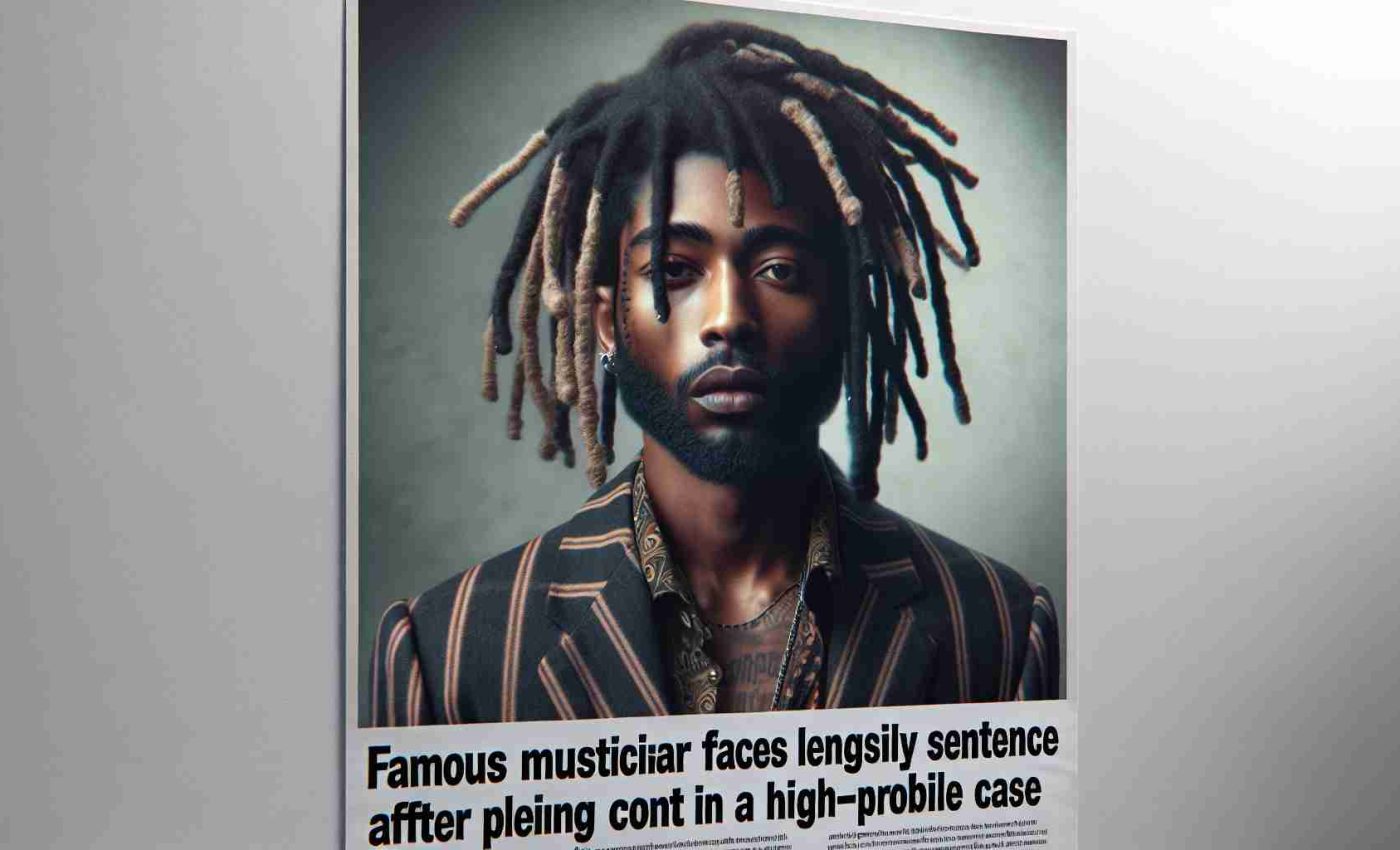 A high-definition, realistic photo of a renowned male musician with dreadlocks and fashionable attire, notable for his unique style in the hip-hop industry, exhibiting a solemn expression. He is presented with text in the foreground stating 'Famous musician faces lengthy sentence after pleading no contest in a high-profile case'.