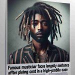 A high-definition, realistic photo of a renowned male musician with dreadlocks and fashionable attire, notable for his unique style in the hip-hop industry, exhibiting a solemn expression. He is presented with text in the foreground stating 'Famous musician faces lengthy sentence after pleading no contest in a high-profile case'.