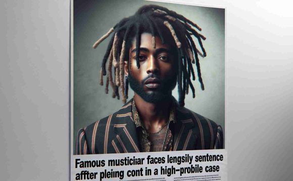 A high-definition, realistic photo of a renowned male musician with dreadlocks and fashionable attire, notable for his unique style in the hip-hop industry, exhibiting a solemn expression. He is presented with text in the foreground stating 'Famous musician faces lengthy sentence after pleading no contest in a high-profile case'.