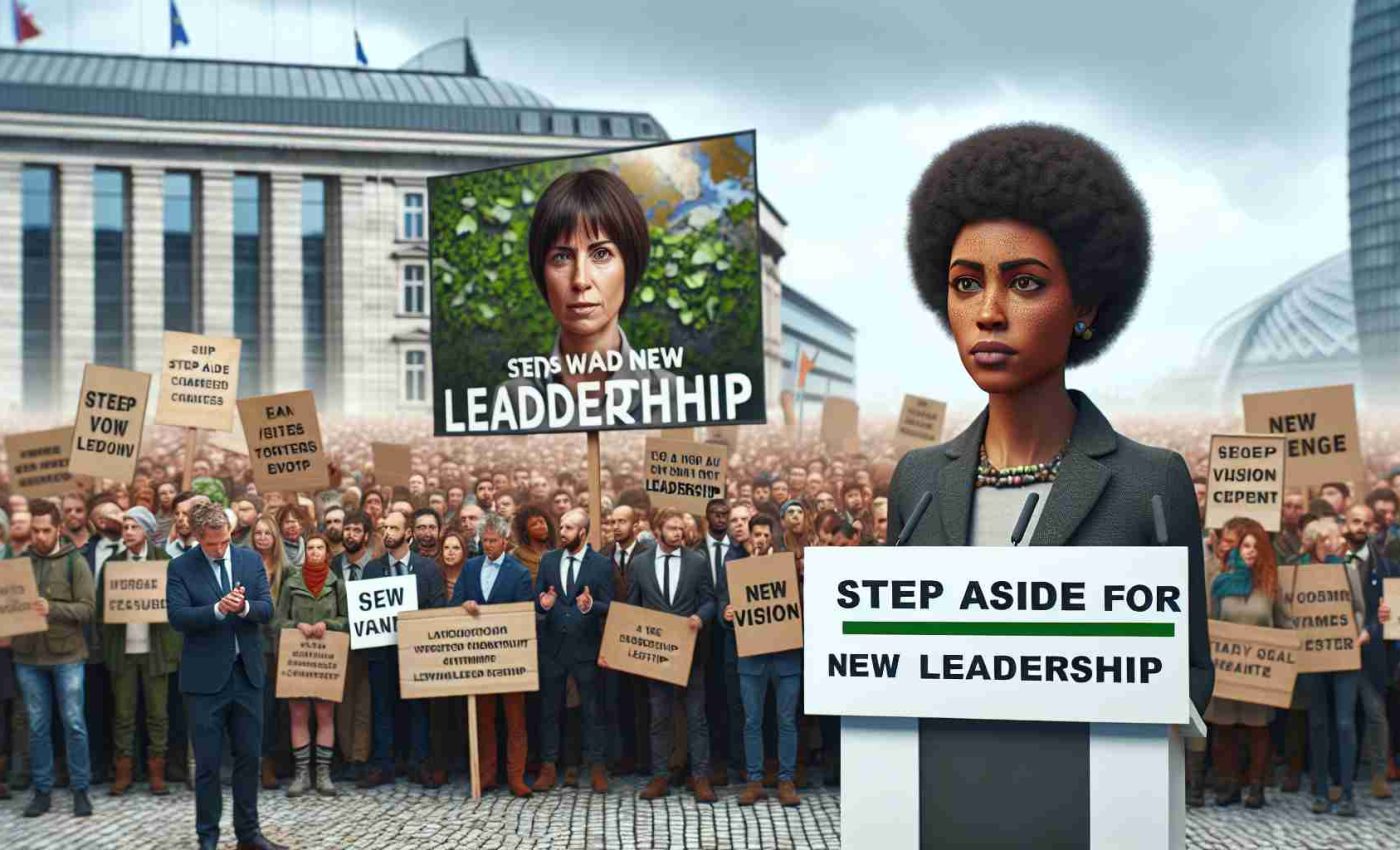 An HD image displaying a realistic and detailed scenario: A gathering of environmental activists from Europe is seen passionately advocating for a person, visually represented as a woman of Black descent, to take a leading role. Placards can be seen in the crowd stating 'Step Aside for New Leadership'. To illustrate the contrast, depict a woman of Caucasian descent not being favored with signs stating 'New Vision Required'. Emphasize the importance of leadership change in crucial matters like environment and sustainability.