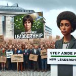 An HD image displaying a realistic and detailed scenario: A gathering of environmental activists from Europe is seen passionately advocating for a person, visually represented as a woman of Black descent, to take a leading role. Placards can be seen in the crowd stating 'Step Aside for New Leadership'. To illustrate the contrast, depict a woman of Caucasian descent not being favored with signs stating 'New Vision Required'. Emphasize the importance of leadership change in crucial matters like environment and sustainability.