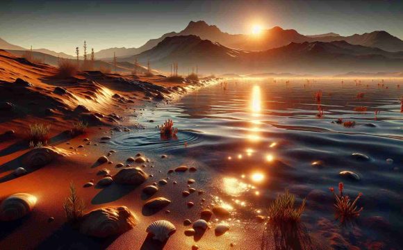 Render a realistic, high-definition image depicting the concept that Mars was once home to a vast ocean. Picture the Martian surface, typically barren and dusty, now hosting calm and vast bodies of water. The setting sun reflects off the surface of the water casting luminous amber hues across the Martian landscape. There are unearthed seashells and aquatic plants strewn about the shore, evidence of past aquatic life. Remember to include distinctive Martian features such as ochre-red soil and towering Olympus Mons in the background.