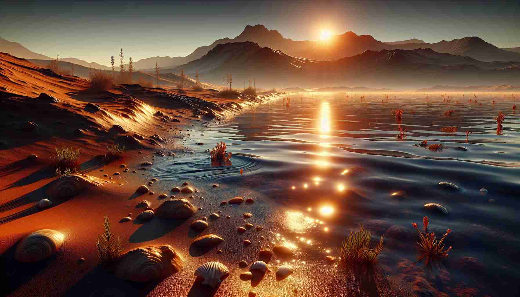 Render a realistic, high-definition image depicting the concept that Mars was once home to a vast ocean. Picture the Martian surface, typically barren and dusty, now hosting calm and vast bodies of water. The setting sun reflects off the surface of the water casting luminous amber hues across the Martian landscape. There are unearthed seashells and aquatic plants strewn about the shore, evidence of past aquatic life. Remember to include distinctive Martian features such as ochre-red soil and towering Olympus Mons in the background.