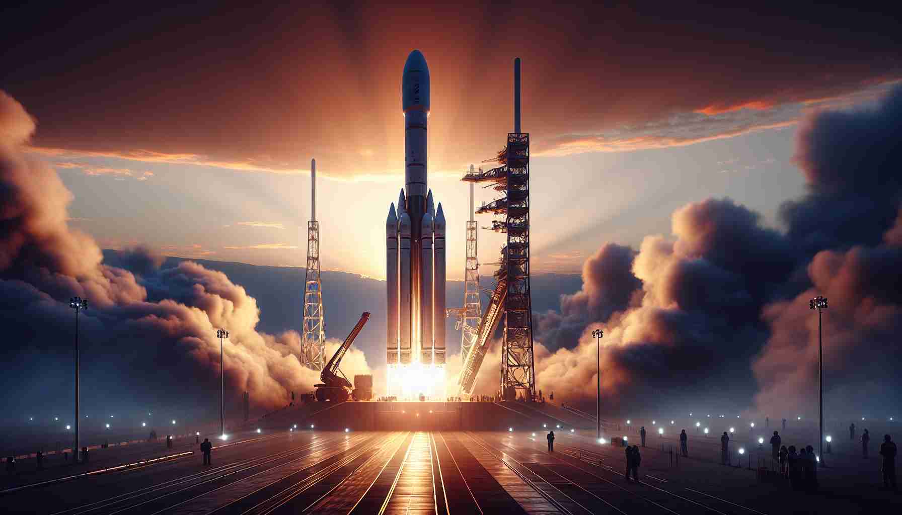 Create a hyperrealistic image of a thrilling moment before the launch of a modern-day, unbranded, private space company's spy satellite. The scene should capture the suspense and anticipation just before liftoff, with the rocket primed on the launch pad against the backdrop of a sky ablaze with the colors of dawn or dusk. You may also include ground staff in safety gear monitoring the final pre-launch procedures and the silhouettes of spectators in the distance, eager to witness this colossal event.