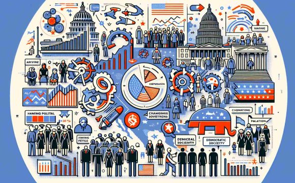 Detailed visual representation of abstract concepts related to changing political landscape. Include graphs, landmarks symbolizing different political ideologies, and various types of people from all races and genders representing the democratic society. Please avoid highlighting a specific political figure or party. The image should be aesthetically appealing, with a high-resolution quality.