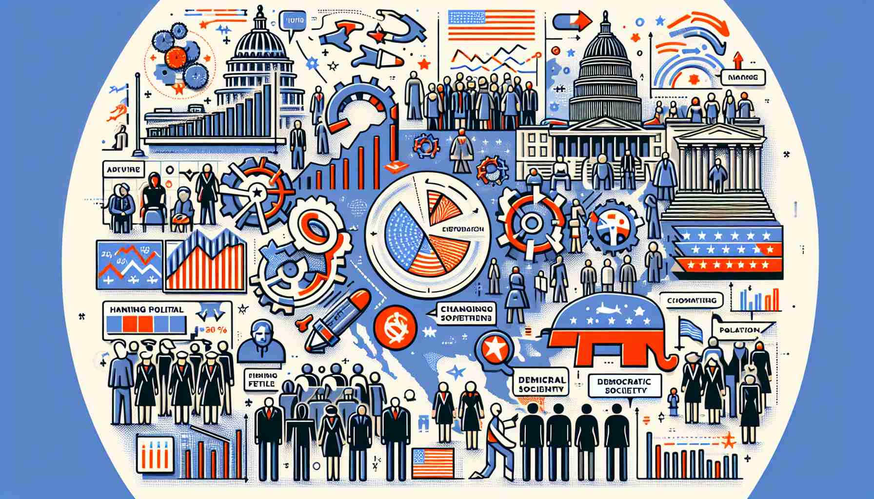 Detailed visual representation of abstract concepts related to changing political landscape. Include graphs, landmarks symbolizing different political ideologies, and various types of people from all races and genders representing the democratic society. Please avoid highlighting a specific political figure or party. The image should be aesthetically appealing, with a high-resolution quality.