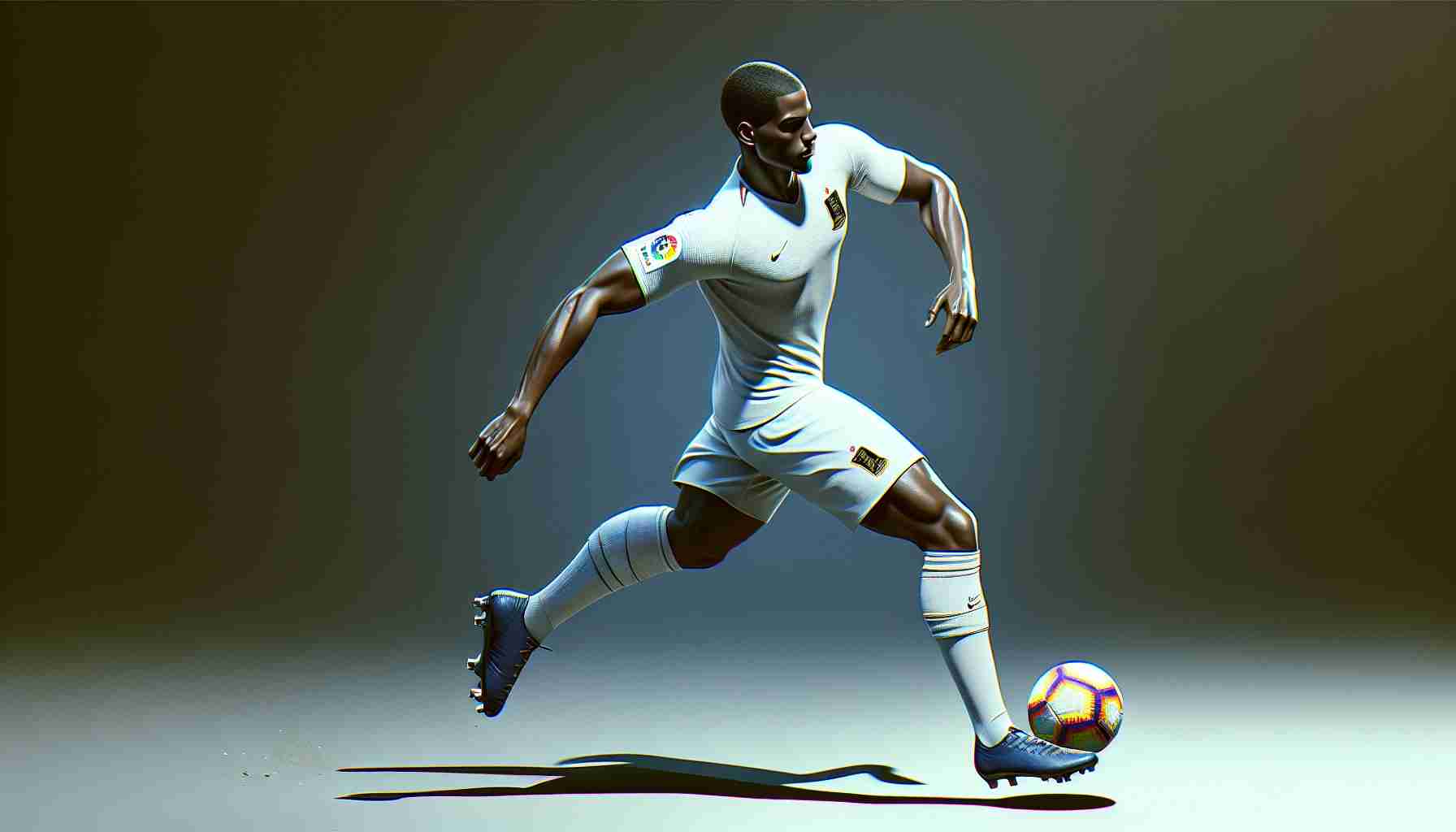 Create a high-definition, realistic depiction illustrating the fight against piracy in Spain's top-tier professional football league, La Liga. Show an unidentified yet skilled football player who might be facing difficulties due to this issue. The player is represented by a young man with dark skin, sleek hair, and an athletic physique, donning a classic white football kit with knee-high socks and cleats.