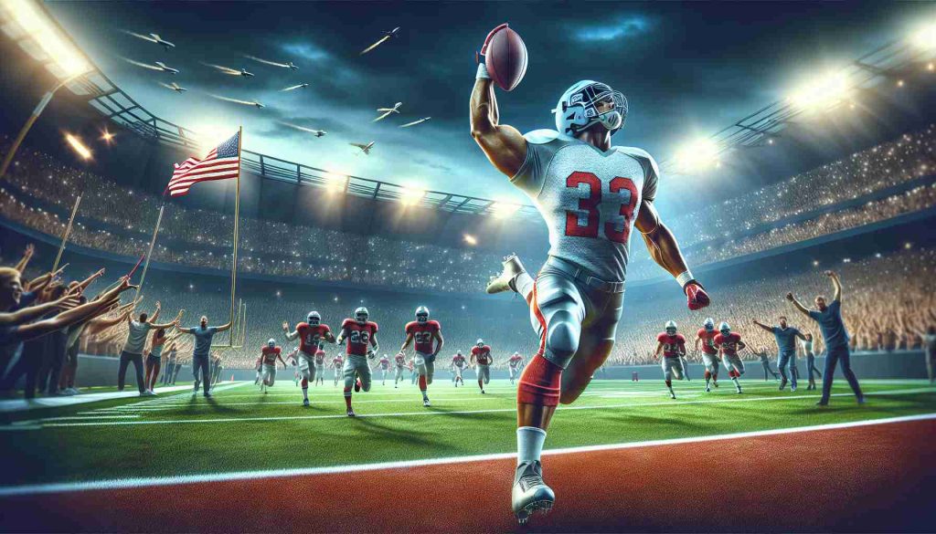 A photorealistic high-definition image capturing the triumphant scene of a professional American football team making history with a three-peat victory. It highlights a standout player, a muscular running back with an exceptional performance, who's experiencing a career comeback. He's shown darting across the field, ball in hand, with spectators in awe of his skill. The glory and excitement fill the stadium with a vibrant energy that reflects the magnitude of the moment.