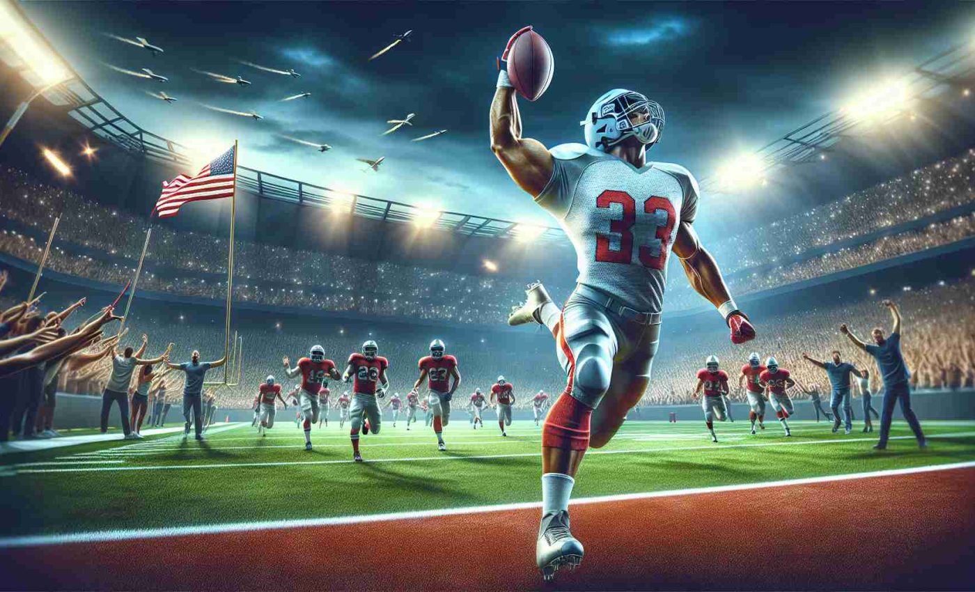 A photorealistic high-definition image capturing the triumphant scene of a professional American football team making history with a three-peat victory. It highlights a standout player, a muscular running back with an exceptional performance, who's experiencing a career comeback. He's shown darting across the field, ball in hand, with spectators in awe of his skill. The glory and excitement fill the stadium with a vibrant energy that reflects the magnitude of the moment.