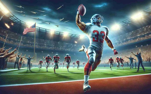 A photorealistic high-definition image capturing the triumphant scene of a professional American football team making history with a three-peat victory. It highlights a standout player, a muscular running back with an exceptional performance, who's experiencing a career comeback. He's shown darting across the field, ball in hand, with spectators in awe of his skill. The glory and excitement fill the stadium with a vibrant energy that reflects the magnitude of the moment.