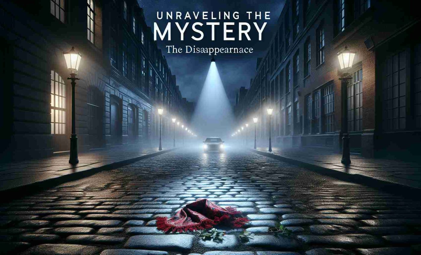 A realistic high-definition visual representation of a mystery novel titled 'Unraveling the Mystery: The Disappearance'. The cover shows a dimly lit street at night with an ominous mist adding to the unsettling ambiance. A lone spotlight illuminates a single spot on the cobblestone pavement where a discarded, frilly red scarf is the only evidence of a person's presence. The street is lined with tall, sinister-looking buildings. The title of the book is written in bold, white letters, creating a striking contrast against the dark background.