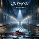 A realistic high-definition visual representation of a mystery novel titled 'Unraveling the Mystery: The Disappearance'. The cover shows a dimly lit street at night with an ominous mist adding to the unsettling ambiance. A lone spotlight illuminates a single spot on the cobblestone pavement where a discarded, frilly red scarf is the only evidence of a person's presence. The street is lined with tall, sinister-looking buildings. The title of the book is written in bold, white letters, creating a striking contrast against the dark background.