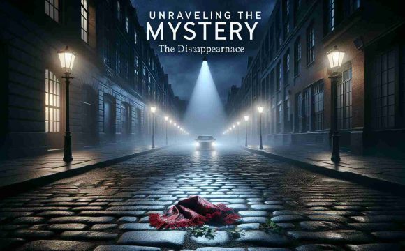 A realistic high-definition visual representation of a mystery novel titled 'Unraveling the Mystery: The Disappearance'. The cover shows a dimly lit street at night with an ominous mist adding to the unsettling ambiance. A lone spotlight illuminates a single spot on the cobblestone pavement where a discarded, frilly red scarf is the only evidence of a person's presence. The street is lined with tall, sinister-looking buildings. The title of the book is written in bold, white letters, creating a striking contrast against the dark background.