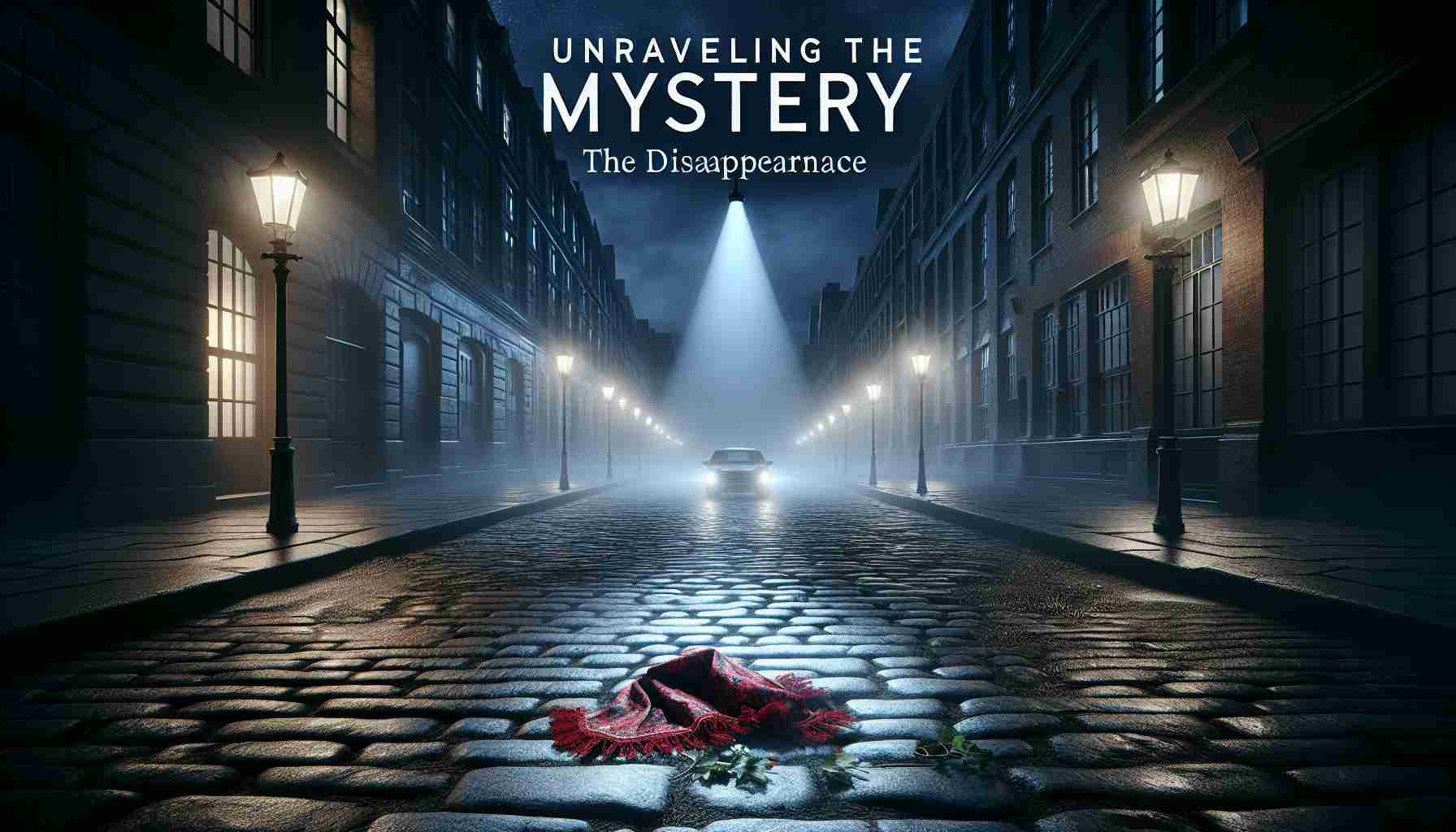 A realistic high-definition visual representation of a mystery novel titled 'Unraveling the Mystery: The Disappearance'. The cover shows a dimly lit street at night with an ominous mist adding to the unsettling ambiance. A lone spotlight illuminates a single spot on the cobblestone pavement where a discarded, frilly red scarf is the only evidence of a person's presence. The street is lined with tall, sinister-looking buildings. The title of the book is written in bold, white letters, creating a striking contrast against the dark background.