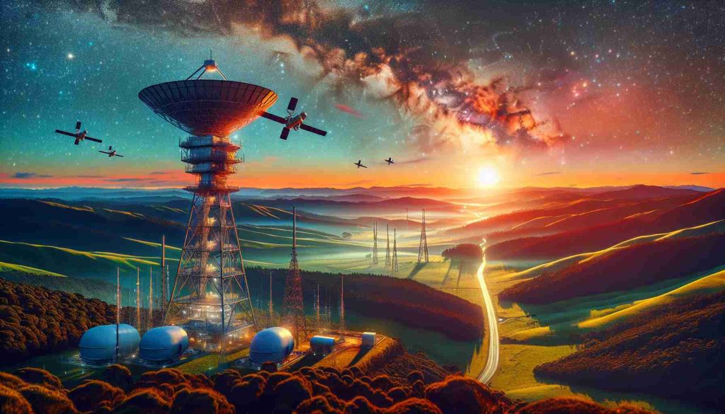 An HD photograph realistically depicting the scene in New Zealand as they prepare for the launch of a cutting-edge satellite phone service. Showing infrastructure such as new satellite towers amidst the lush greenery of New Zealand's landscapes. Anticipated aerial vehicles can be seen in the sky, symbolizing the advanced satellite phone service launch. The vibrant sky shines above with the warm glow of sunset, and the Southern Cross constellation, endemic to the Southern hemisphere, is faintly visible.