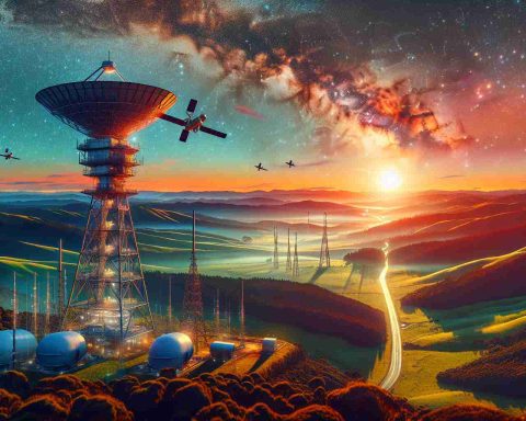 An HD photograph realistically depicting the scene in New Zealand as they prepare for the launch of a cutting-edge satellite phone service. Showing infrastructure such as new satellite towers amidst the lush greenery of New Zealand's landscapes. Anticipated aerial vehicles can be seen in the sky, symbolizing the advanced satellite phone service launch. The vibrant sky shines above with the warm glow of sunset, and the Southern Cross constellation, endemic to the Southern hemisphere, is faintly visible.