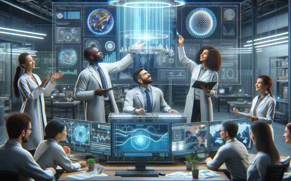 A high-definition, realistic representation of a pioneering revelation in the realm of climate change research. It depicts a group of scientists of varying descents and genders - a Black man, a Hispanic woman, a Middle-Eastern man, and a White woman - engaged in their workspace filled with high-tech equipment. They are unveiling a groundbreaking method, an innovative technological device perhaps, to combat climate change. As they reveal their monumental discovery, their faces are lit with excitement and determination, set against the backdrop of charts and graphs that highlight the significance of their breakthrough.