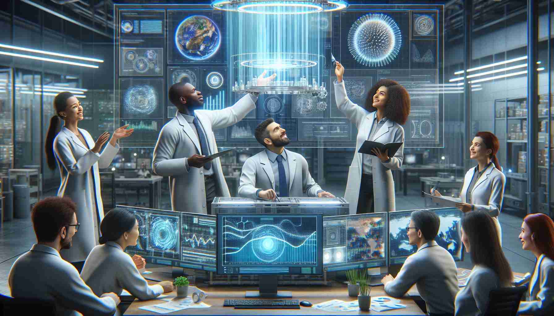 A high-definition, realistic representation of a pioneering revelation in the realm of climate change research. It depicts a group of scientists of varying descents and genders - a Black man, a Hispanic woman, a Middle-Eastern man, and a White woman - engaged in their workspace filled with high-tech equipment. They are unveiling a groundbreaking method, an innovative technological device perhaps, to combat climate change. As they reveal their monumental discovery, their faces are lit with excitement and determination, set against the backdrop of charts and graphs that highlight the significance of their breakthrough.