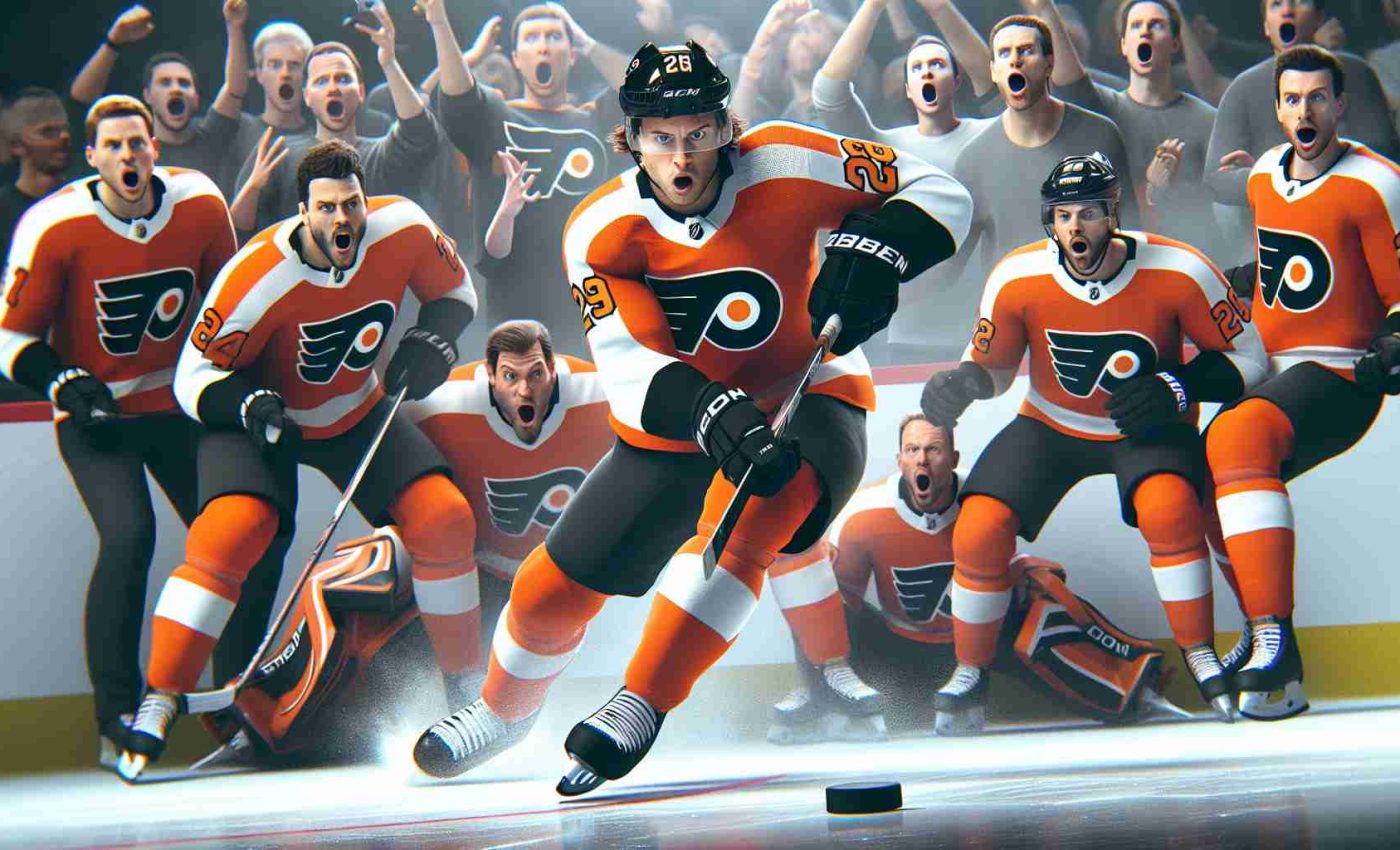 Generate a High Definition depiction of a dramatic moment from a hockey game where a recently traded AHL standout player, wearing the Philadelphia Flyers uniform is skillfully handling the puck. Surrounding him are supportive teammates and determined opponents, while spectators express astonishment and anticipation in the background.