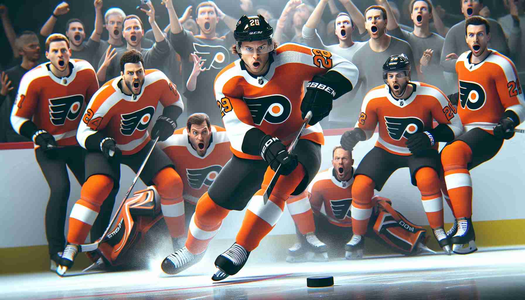 Generate a High Definition depiction of a dramatic moment from a hockey game where a recently traded AHL standout player, wearing the Philadelphia Flyers uniform is skillfully handling the puck. Surrounding him are supportive teammates and determined opponents, while spectators express astonishment and anticipation in the background.