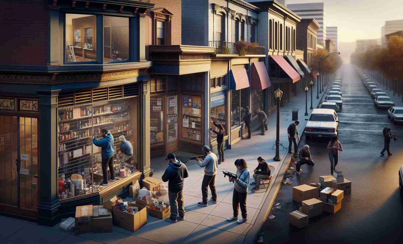 Realistic high-definition image showing a variety of small businesses in a city that could be any urban area, not specifically Portland, with the owners and workers preparing for potential uncertainty. These include a Hispanic male securing his shop door, a South Asian female double-checking the inventory in her restaurant, and a Caucasian male boarding up the windows of his bookstore. The surrounding environment is slightly tense, suggesting an aftermath scenario. The cityscape at dusk, with the sinking sun casting long shadows on the deserted streets, adds to the seriousness of the scene.