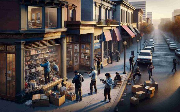 Realistic high-definition image showing a variety of small businesses in a city that could be any urban area, not specifically Portland, with the owners and workers preparing for potential uncertainty. These include a Hispanic male securing his shop door, a South Asian female double-checking the inventory in her restaurant, and a Caucasian male boarding up the windows of his bookstore. The surrounding environment is slightly tense, suggesting an aftermath scenario. The cityscape at dusk, with the sinking sun casting long shadows on the deserted streets, adds to the seriousness of the scene.