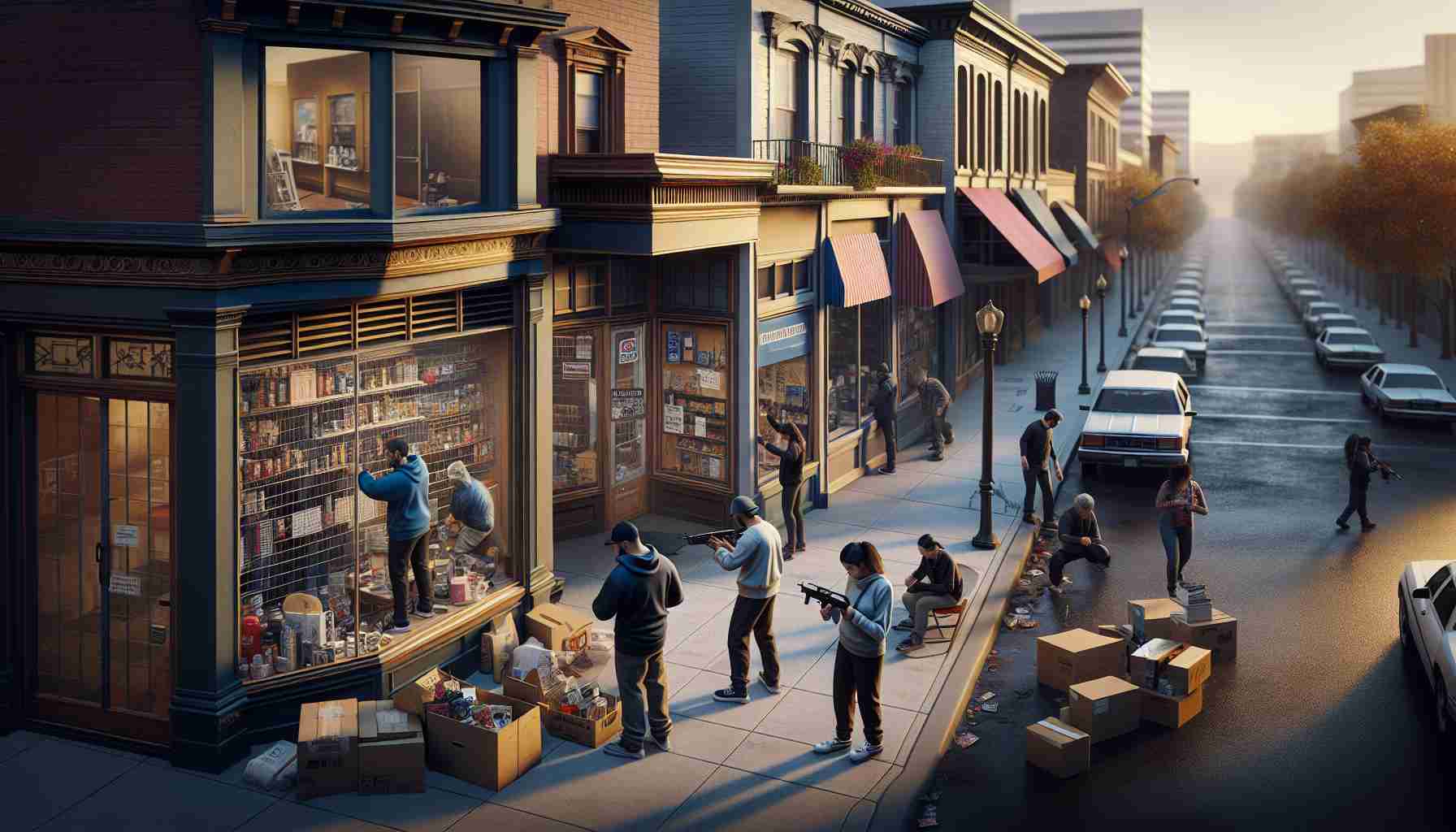 Realistic high-definition image showing a variety of small businesses in a city that could be any urban area, not specifically Portland, with the owners and workers preparing for potential uncertainty. These include a Hispanic male securing his shop door, a South Asian female double-checking the inventory in her restaurant, and a Caucasian male boarding up the windows of his bookstore. The surrounding environment is slightly tense, suggesting an aftermath scenario. The cityscape at dusk, with the sinking sun casting long shadows on the deserted streets, adds to the seriousness of the scene.