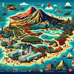 A highly detailed and realistic HD image serving as an ultimate travel guide to hidden gems of the Canary Islands. The image includes symbols of various landmarks and distinct features of the islands: volcanoes, forests, unique flora, sandy beaches, turquoise seas and traditional architecture. Also, include iconography referring to activities like hiking, snorkeling, and local cuisine tasting. Complement this with a stylized map of the islands, outlining the major regions and paths to follow for exploration. The colors used should evoke the tropical vibe of the Canary Islands - vibrant blues, greens, and sun-baked earth tones.