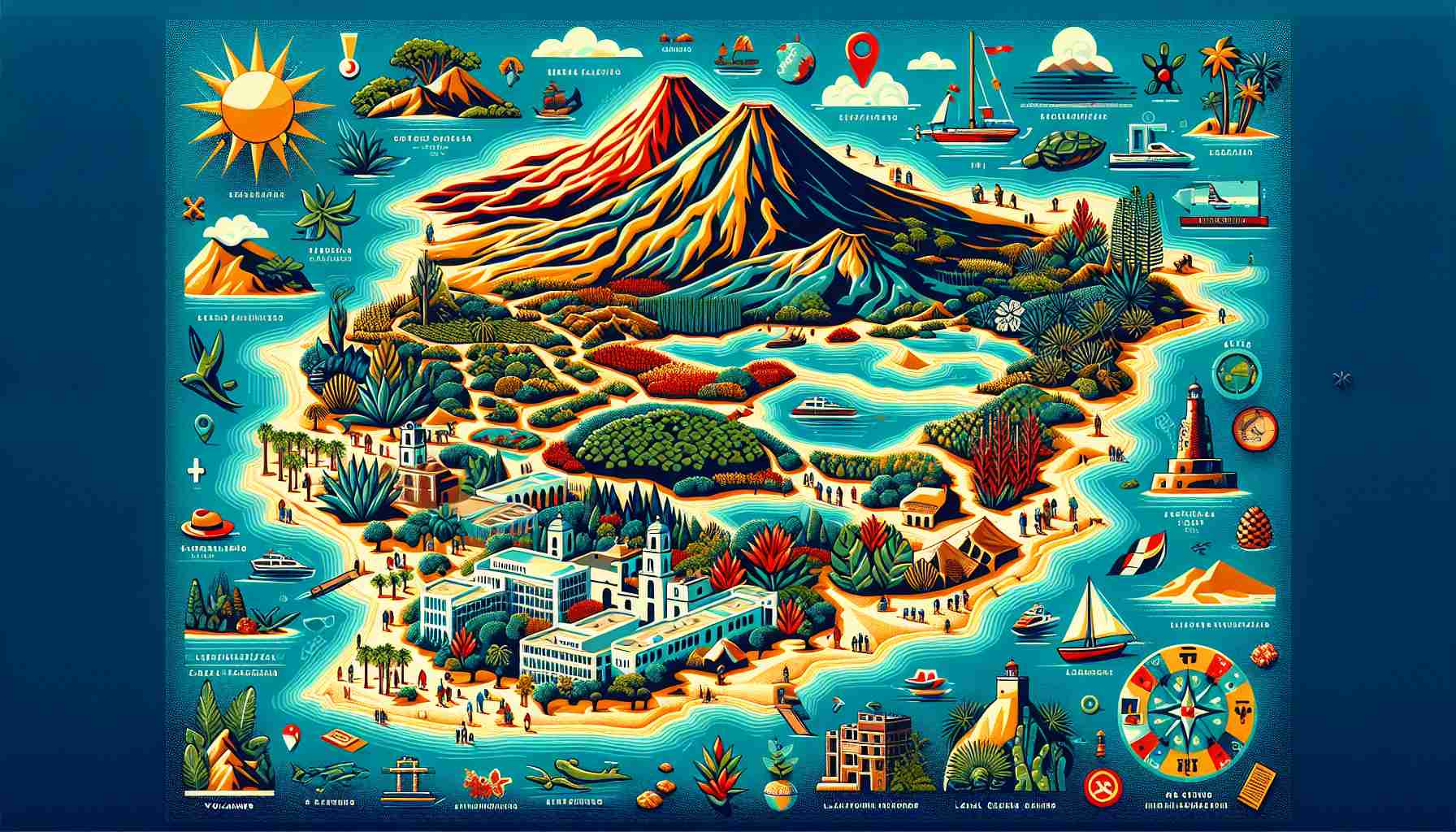 A highly detailed and realistic HD image serving as an ultimate travel guide to hidden gems of the Canary Islands. The image includes symbols of various landmarks and distinct features of the islands: volcanoes, forests, unique flora, sandy beaches, turquoise seas and traditional architecture. Also, include iconography referring to activities like hiking, snorkeling, and local cuisine tasting. Complement this with a stylized map of the islands, outlining the major regions and paths to follow for exploration. The colors used should evoke the tropical vibe of the Canary Islands - vibrant blues, greens, and sun-baked earth tones.