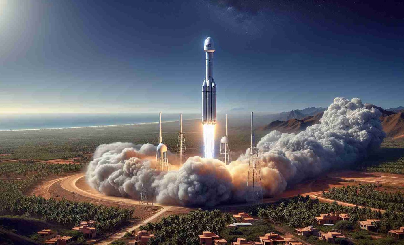 Ultra-high-definition image showcasing a pivotal satellite launch. The scene takes place in India, with a sleek, futuristic rocket visually similar to those used by private space companies lifting off into the clear blue sky. Trailing a billowing plume of gray and white smoke, the rocket ascends against the stunning backdrop of the Indian landscape dotted with palm trees and terracotta-roofed houses.