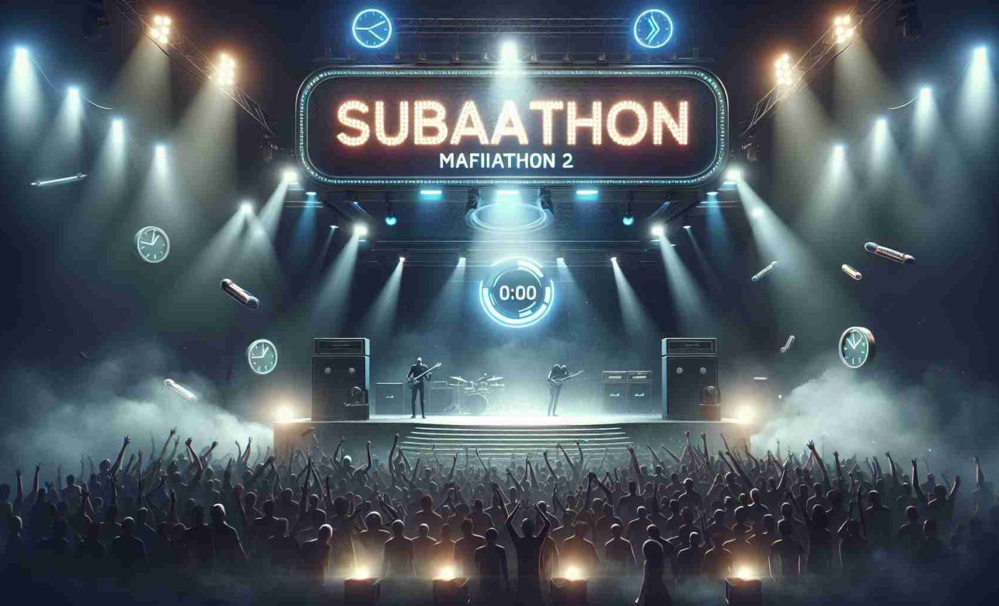 Create a realistic high-definition image symbolizing anticipation and excitement for an epic event known as 'Subathon'. Perhaps this could be represented as an atmospheric setting with a grand stage under spotlights, countdown timers, and a roaring crowd. Also, place emphasis on the labeling, 'Mafiathon 2', perhaps as banner or illuminated text across the grand stage or floating in the sky.