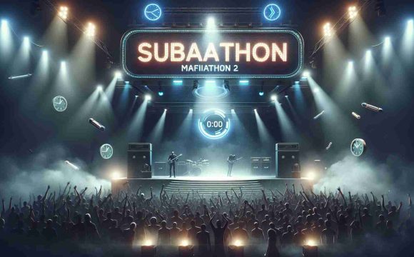 Create a realistic high-definition image symbolizing anticipation and excitement for an epic event known as 'Subathon'. Perhaps this could be represented as an atmospheric setting with a grand stage under spotlights, countdown timers, and a roaring crowd. Also, place emphasis on the labeling, 'Mafiathon 2', perhaps as banner or illuminated text across the grand stage or floating in the sky.