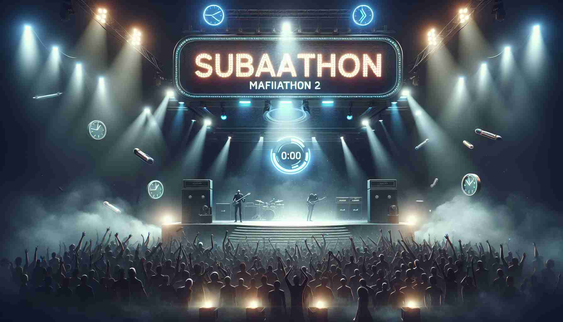 Create a realistic high-definition image symbolizing anticipation and excitement for an epic event known as 'Subathon'. Perhaps this could be represented as an atmospheric setting with a grand stage under spotlights, countdown timers, and a roaring crowd. Also, place emphasis on the labeling, 'Mafiathon 2', perhaps as banner or illuminated text across the grand stage or floating in the sky.