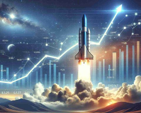 Create a photorealistic, high-definition image capturing the ascension of a Rocket Lab vehicle. The rocket, depicting advanced technology and engineering marvel, is soaring high in the sky. A background showing a financial bar chart with an upward trend is visible, signifying new funding and rapid success in launches. Ensure the scene carries an aura of achievement and progress.